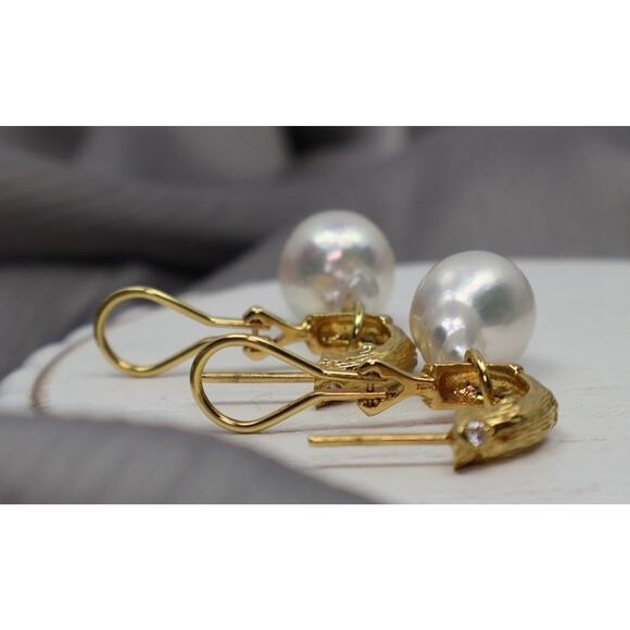 18k Yellow Gold Diamond & Pearl Hoop Earrings 14.67G/1.4in - Picture 6 of 8